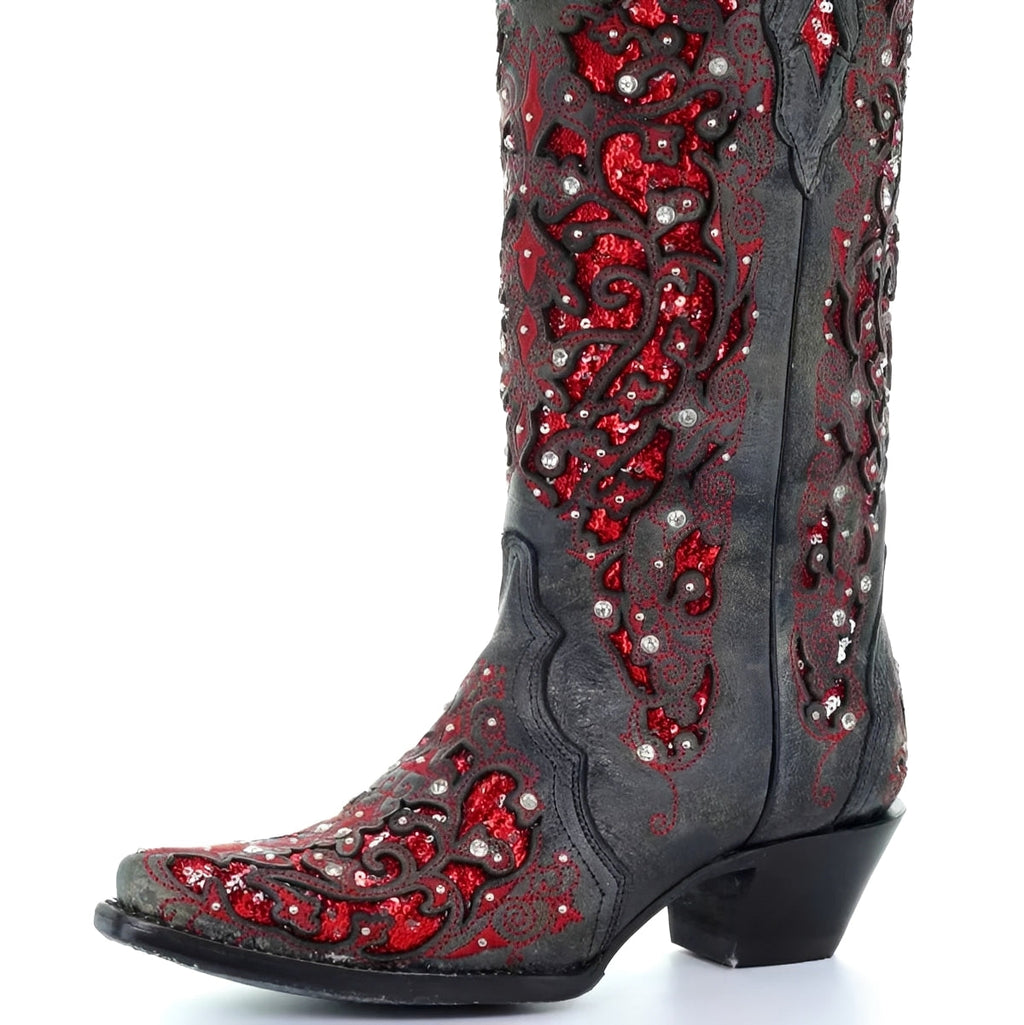 [Hometech] Embroidered Knee High Boots with Sequin Detail and Pointed Toe