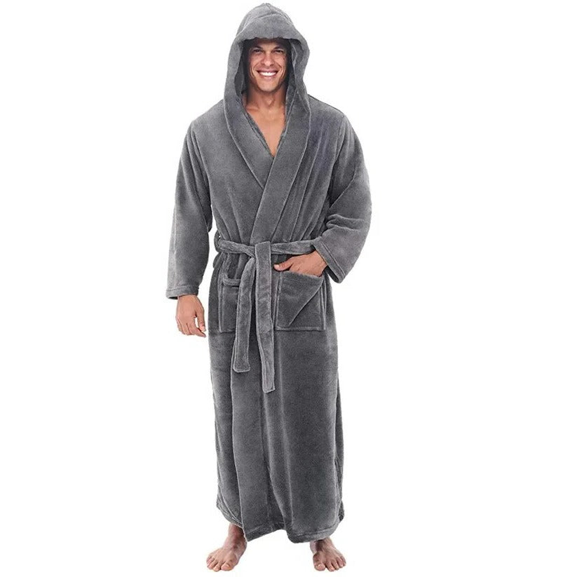 [Hometech] Hooded Men's Fleece Bathrobe with Plush Pockets