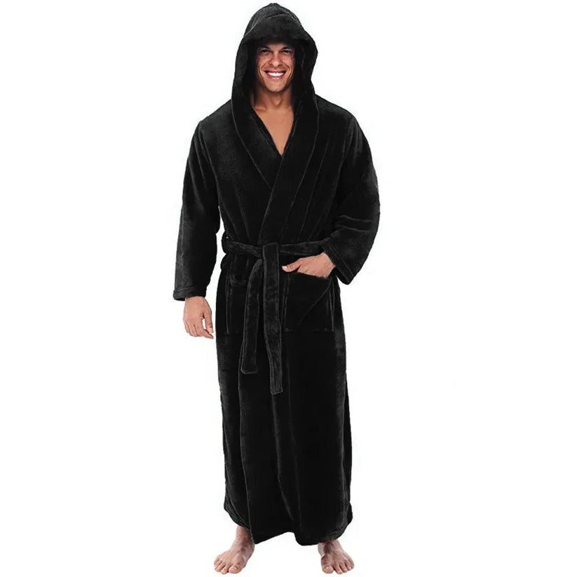 [Hometech] Hooded Men's Fleece Bathrobe with Plush Pockets