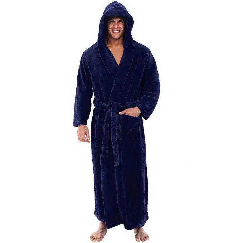 [Hometech] Hooded Men's Fleece Bathrobe with Plush Pockets