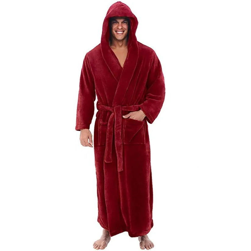 [Hometech] Hooded Men's Fleece Bathrobe with Plush Pockets