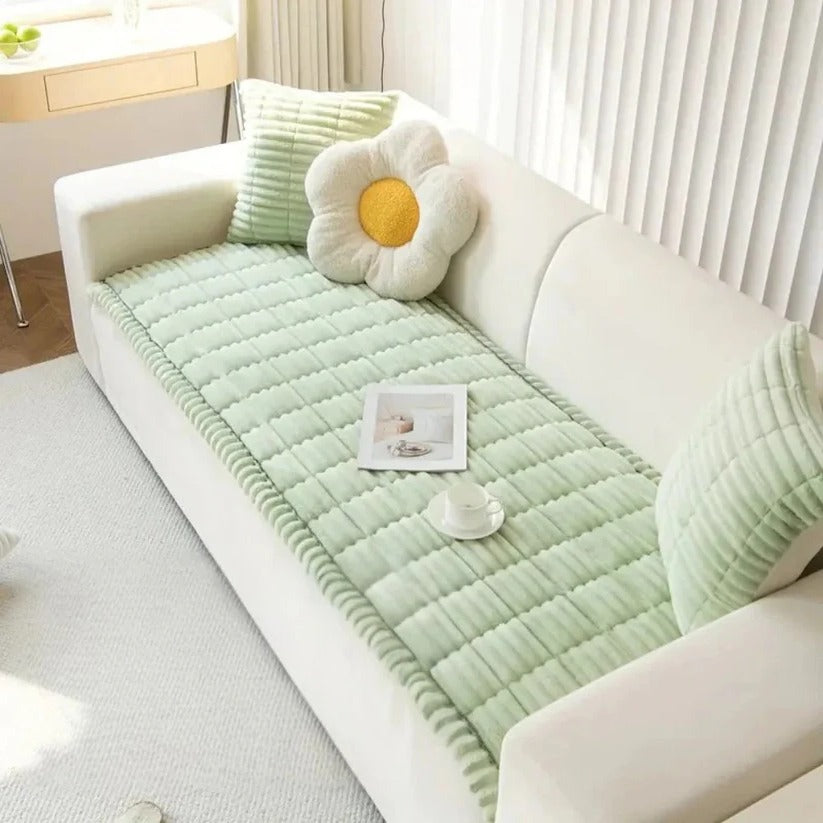 [Hometech] Plush Sofa Slipcover with Pleated Skirt Design