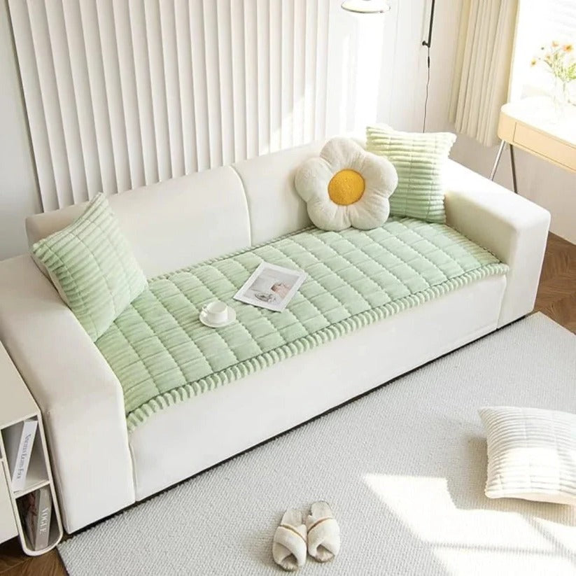 [Hometech] Plush Sofa Slipcover with Pleated Skirt Design