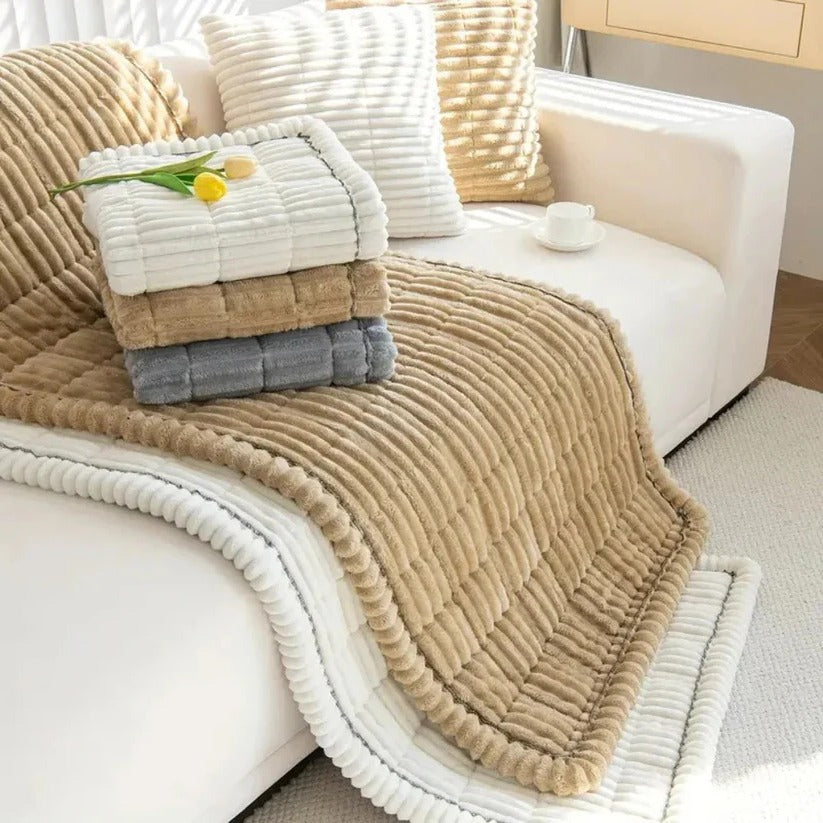 [Hometech] Plush Sofa Slipcover with Pleated Skirt Design