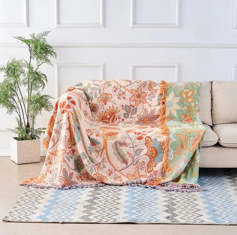 [Hometech] Boho Floral Cotton Blanket with Decorative Pattern