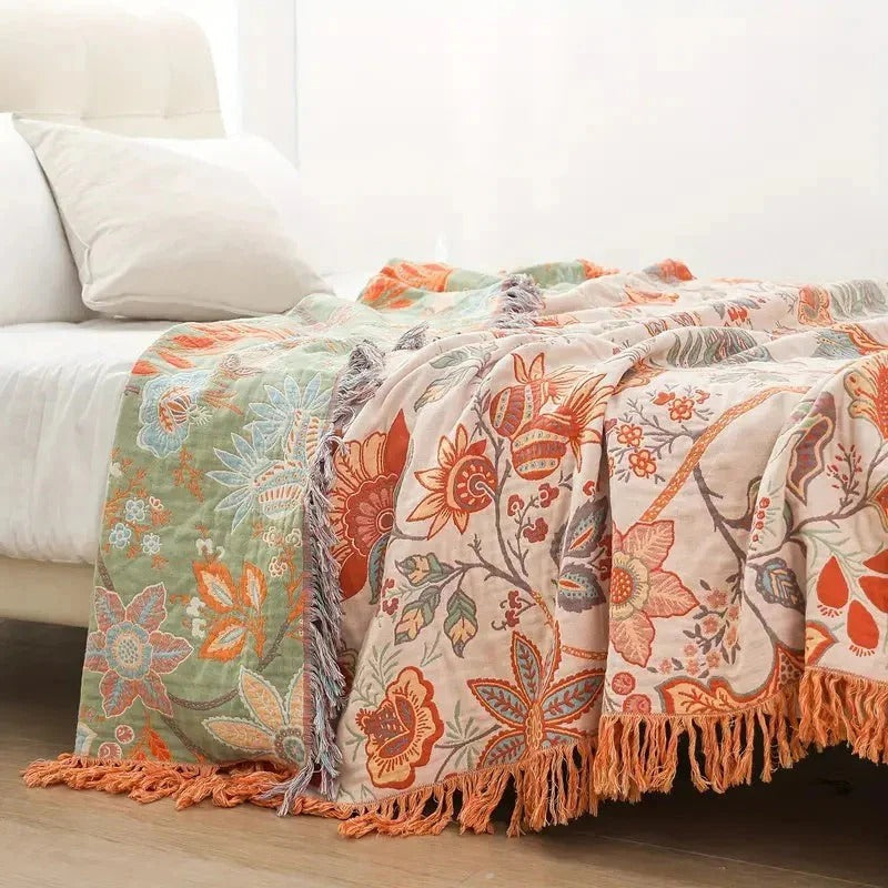 [Hometech] Boho Floral Cotton Blanket with Decorative Pattern
