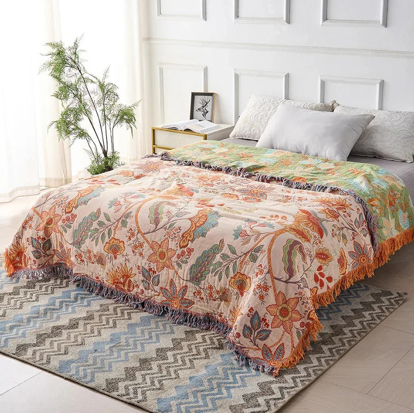 [Hometech] Boho Floral Cotton Blanket with Decorative Pattern