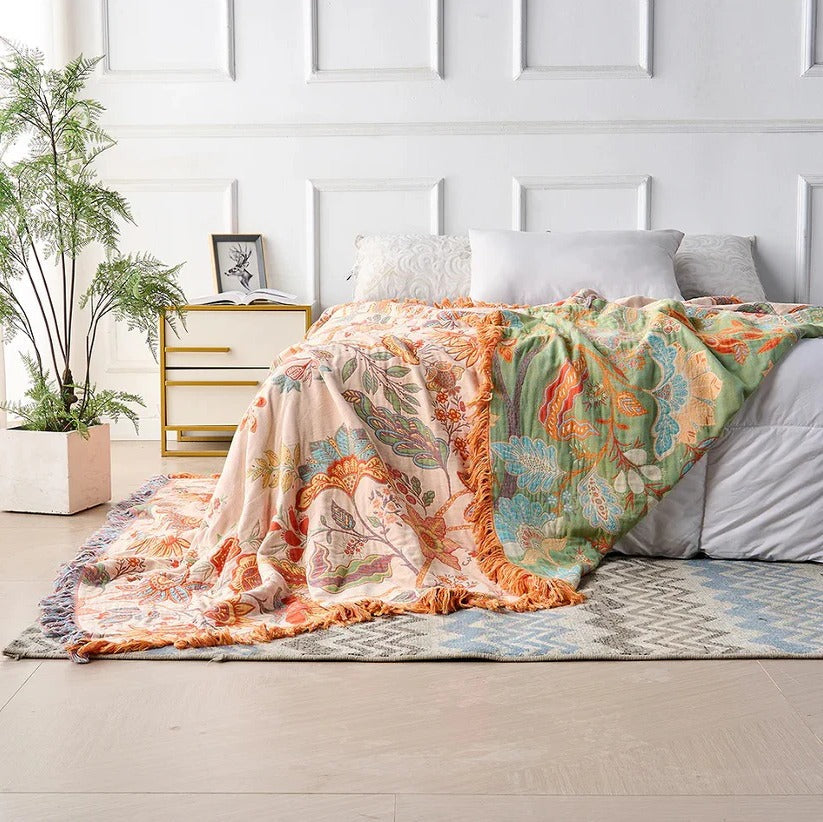 [Hometech] Boho Floral Cotton Blanket with Decorative Pattern
