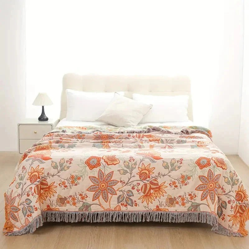 [Hometech] Boho Floral Cotton Blanket with Decorative Pattern
