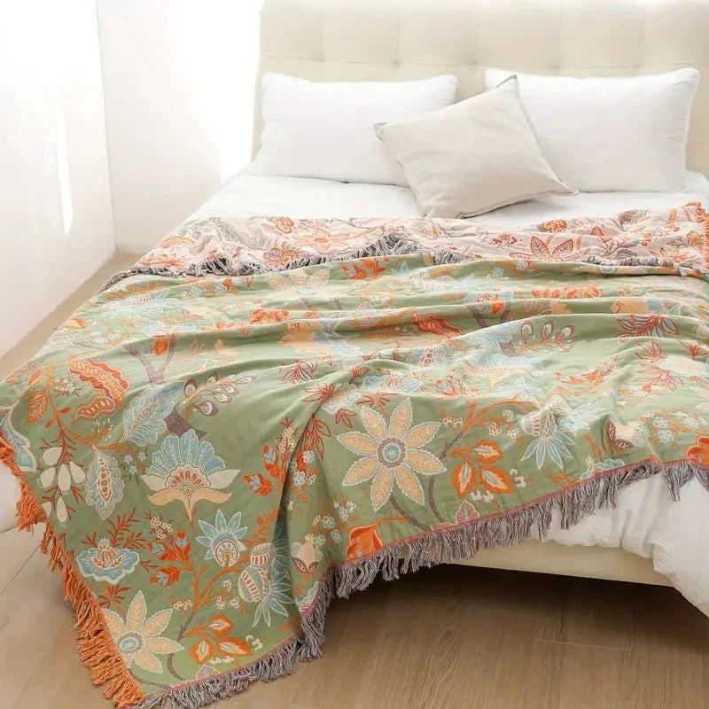 [Hometech] Boho Floral Cotton Blanket with Decorative Pattern