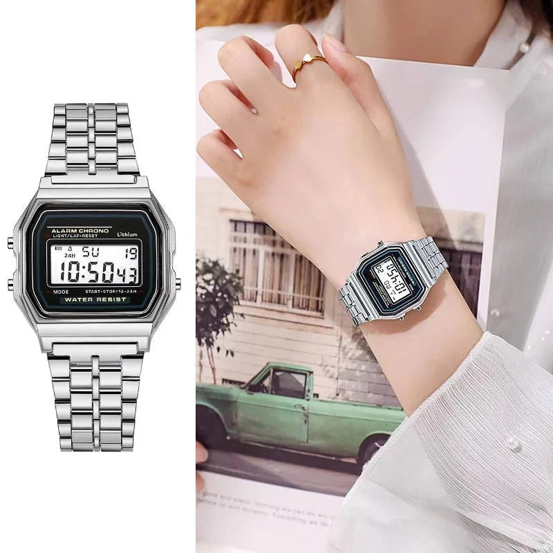 [Hometech] Vintage Style Unisex Digital Watch with Stainless Steel Band and LED Display