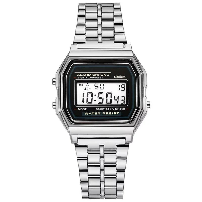 [Hometech] Vintage Style Unisex Digital Watch with Stainless Steel Band and LED Display