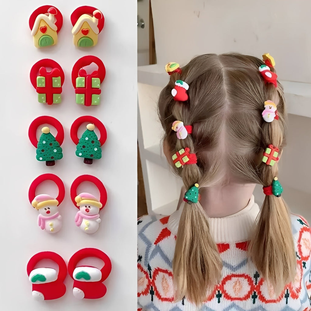[Hometech] Holiday Elastic Ponytail Hair Ties Set for Kids, 10 Pieces