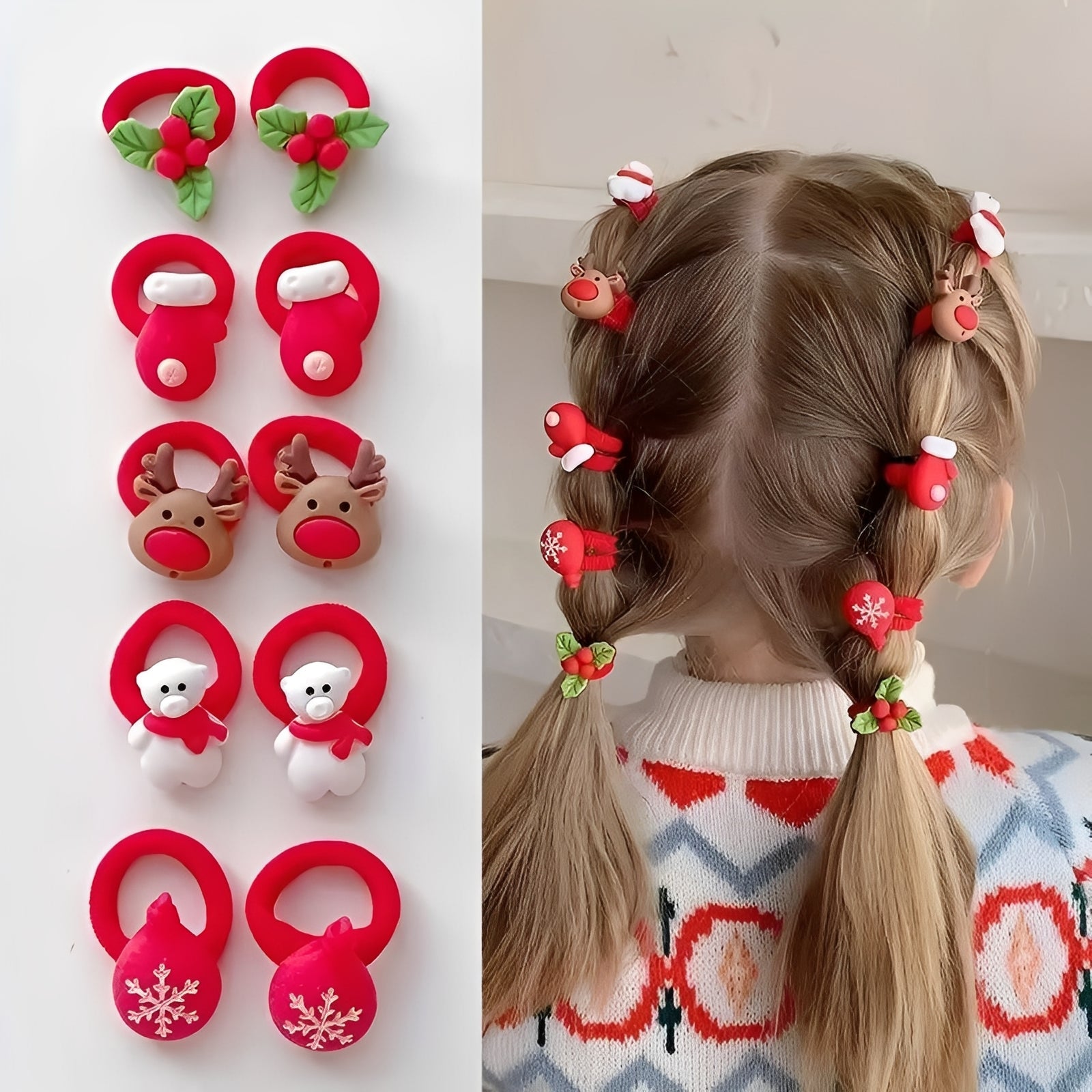 [Hometech] Holiday Elastic Ponytail Hair Ties Set for Kids, 10 Pieces