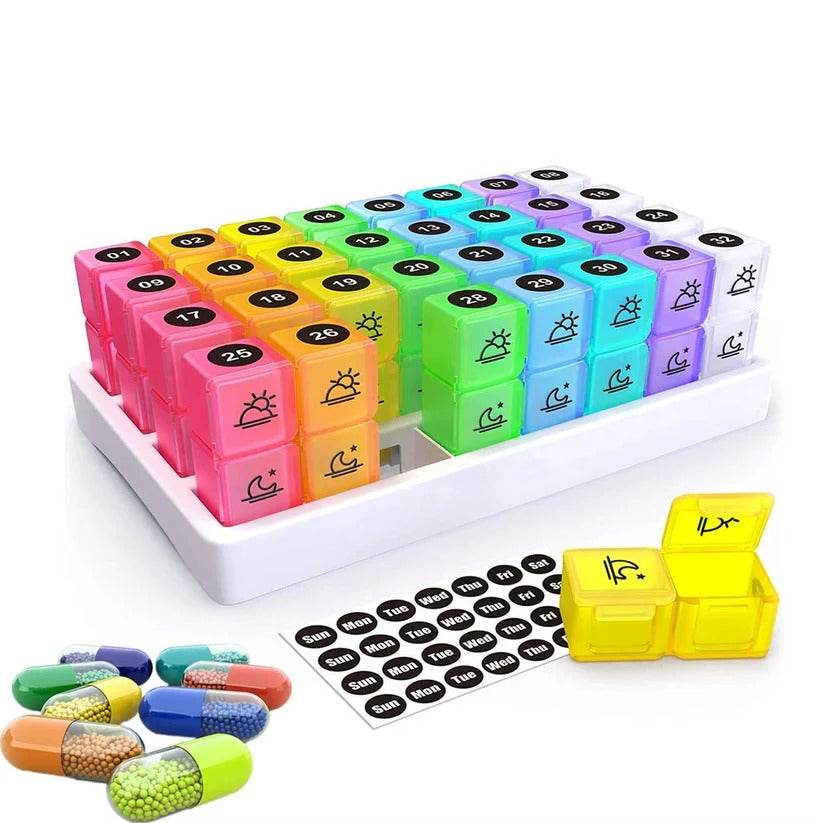 [Hometech] 31 Day AM/PM Pill Organizer with Large Storage Case and Label Stickers for Daily Medication