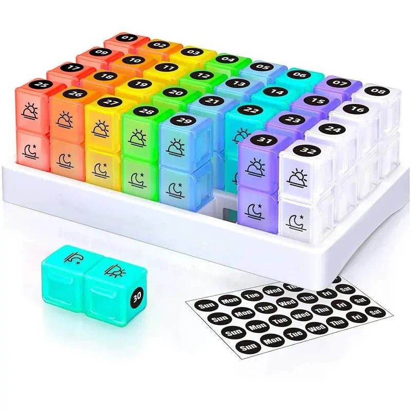 [Hometech] 31 Day AM/PM Pill Organizer with Large Storage Case and Label Stickers for Daily Medication
