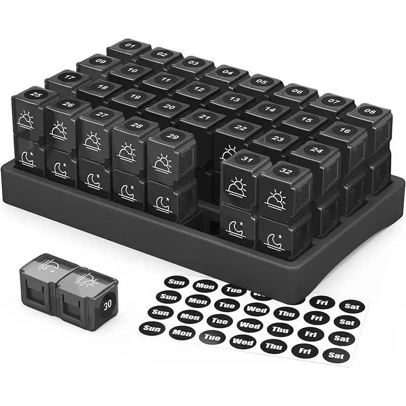 [Hometech] 31 Day AM/PM Pill Organizer with Large Storage Case and Label Stickers for Daily Medication