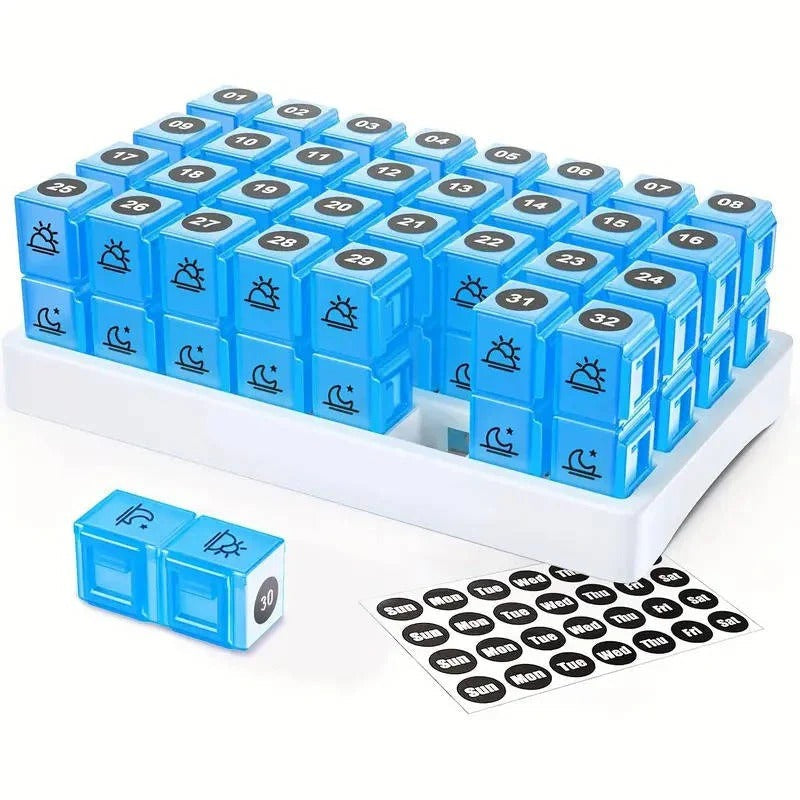 [Hometech] 31 Day AM/PM Pill Organizer with Large Storage Case and Label Stickers for Daily Medication