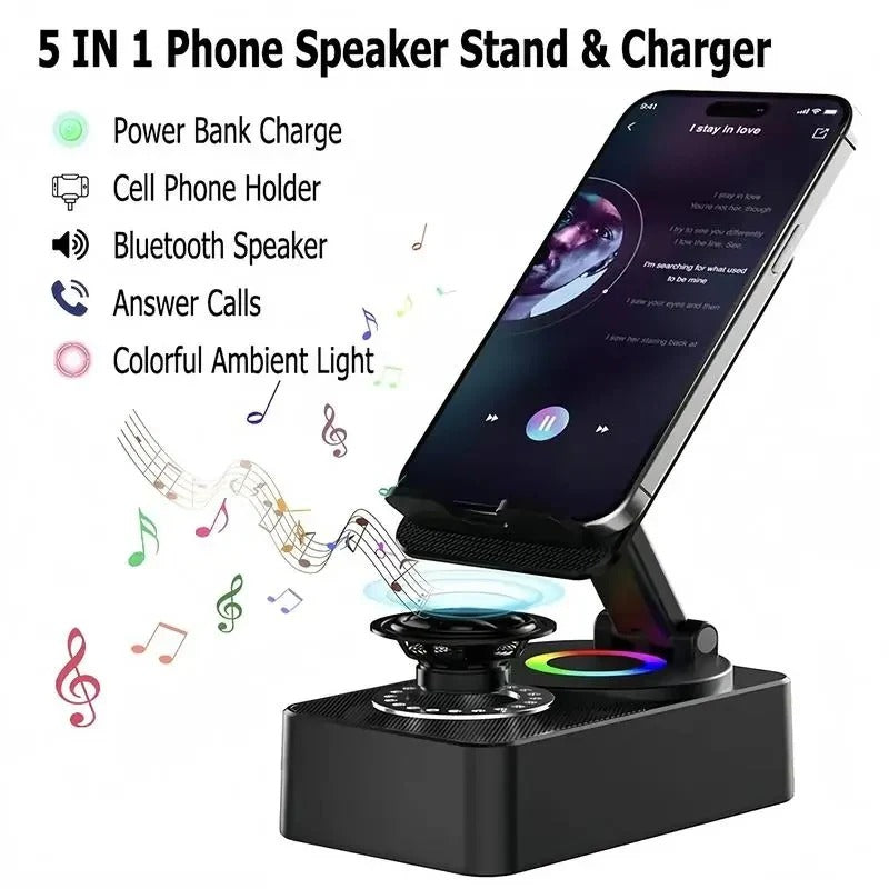 [Hometech] 5-in-1 Wireless Bluetooth Speaker with Foldable Phone Stand and LED Lighting
