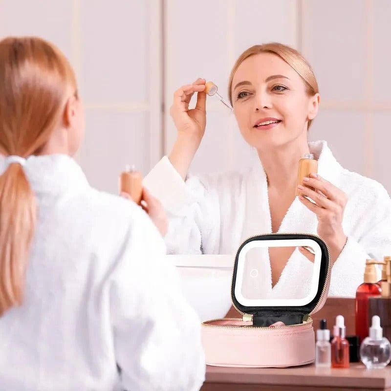 [Hometech] Portable Travel Cosmetic Case with Adjustable LED Mirror and Organizer