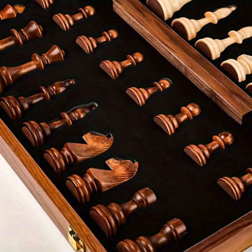 [Hometech] Folding Walnut Wood Chess Board Set with Handcrafted Weighted Pieces