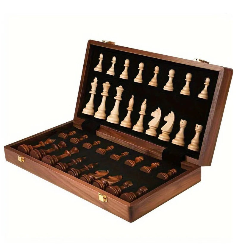 [Hometech] Folding Walnut Wood Chess Board Set with Handcrafted Weighted Pieces