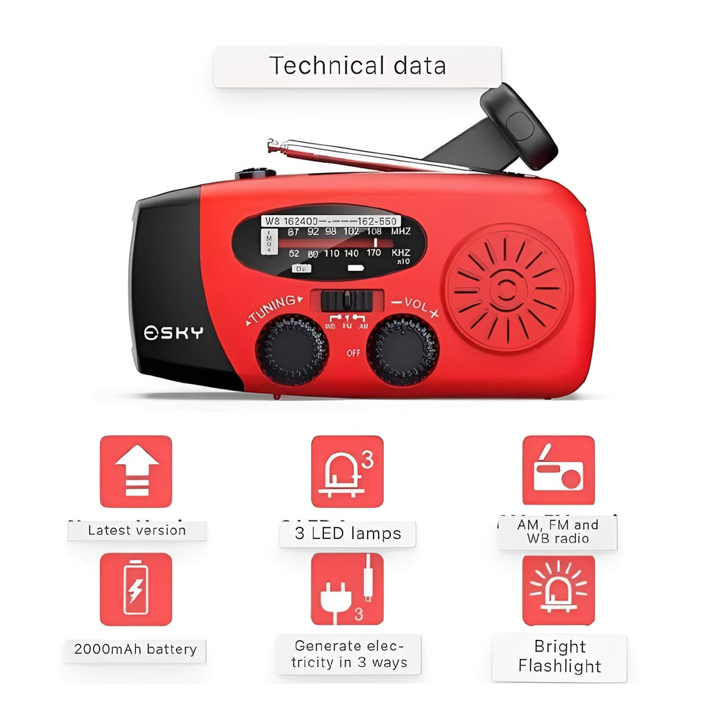 [Hometech] Hand Crank Emergency Radio with AM/FM/WB Bands, LED Flashlight and Rechargeable Battery