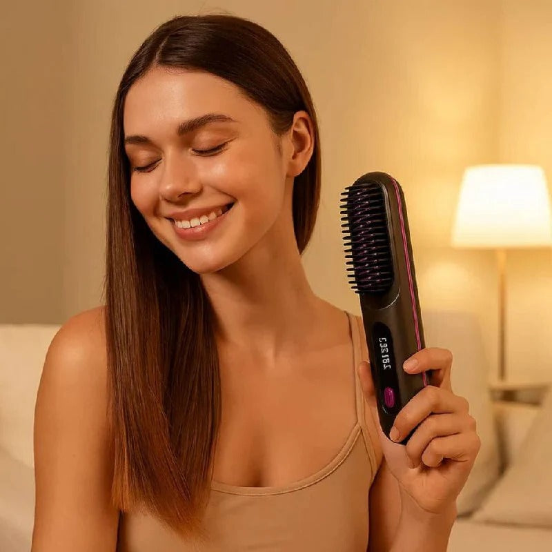 [Hometech] Ceramic Electric Hair Straightening Brush with Anti-Frizz Technology for Fast Gentle Styling