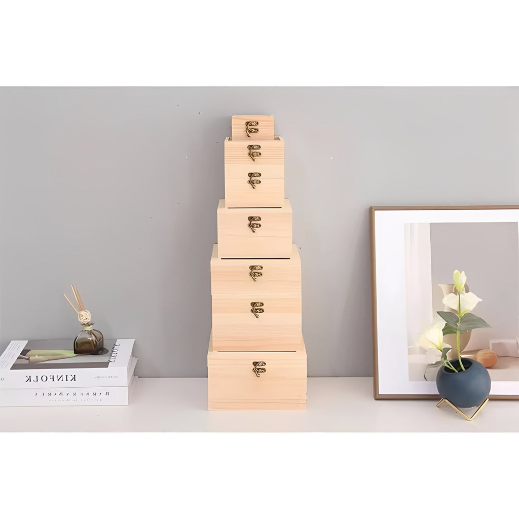 [Hometech] Square Wooden Storage Box with Hinged Lid for Jewelry and Desktop Items