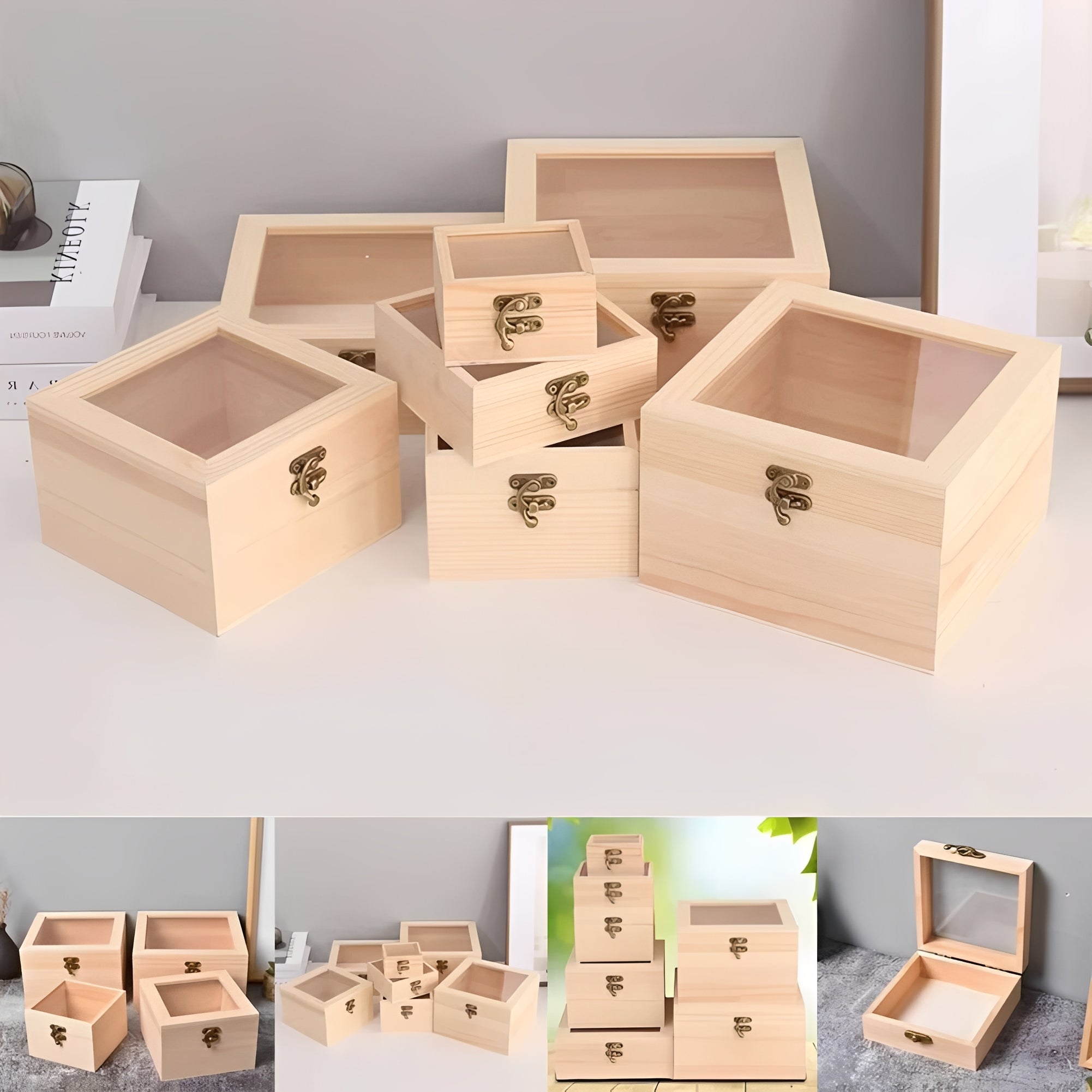 [Hometech] Square Wooden Storage Box with Hinged Lid for Jewelry and Desktop Items