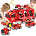 [Hometech] Fire Truck Transport Toy Set with Lights and 4 Friction Vehicles and Helicopter