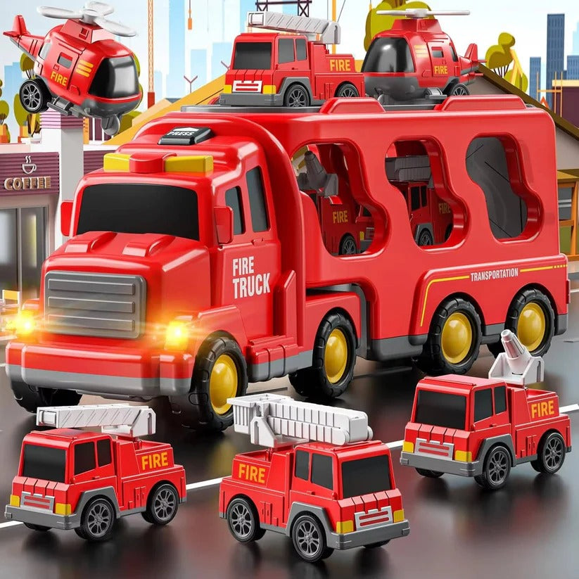 [Hometech] Fire Truck Transport Toy Set with Lights and 4 Friction Vehicles and Helicopter