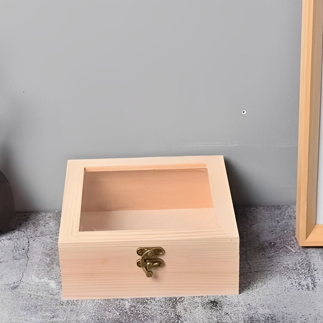 [Hometech] Square Wooden Storage Box with Hinged Lid for Jewelry and Desktop Items