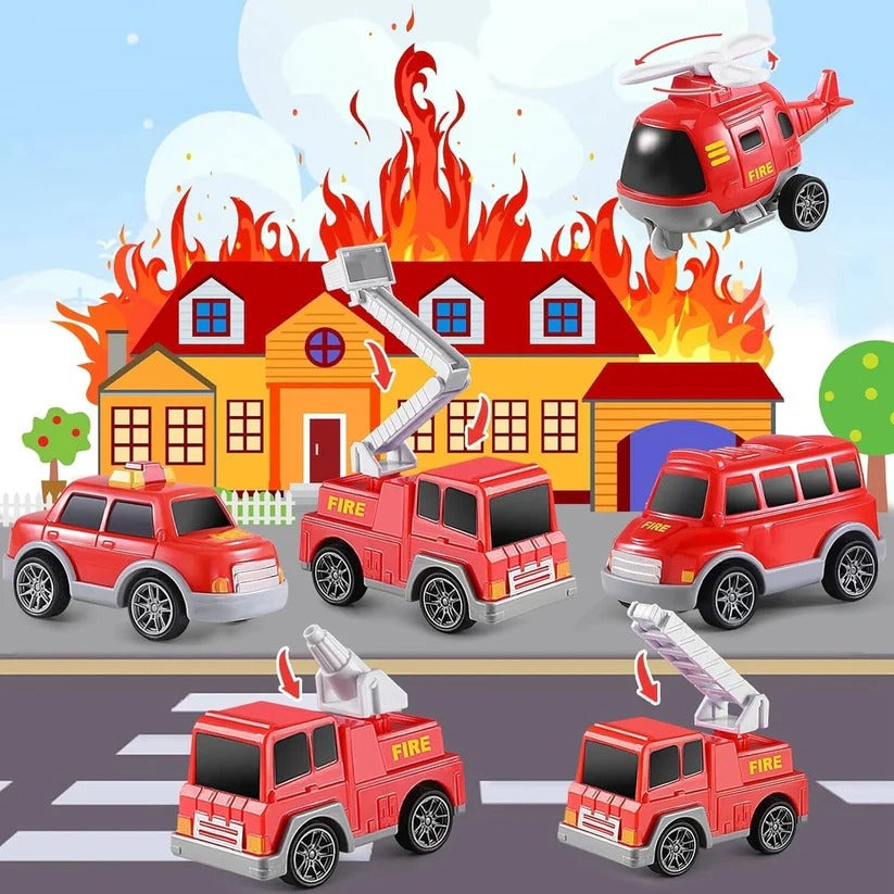 [Hometech] Fire Truck Transport Toy Set with Lights and 4 Friction Vehicles and Helicopter