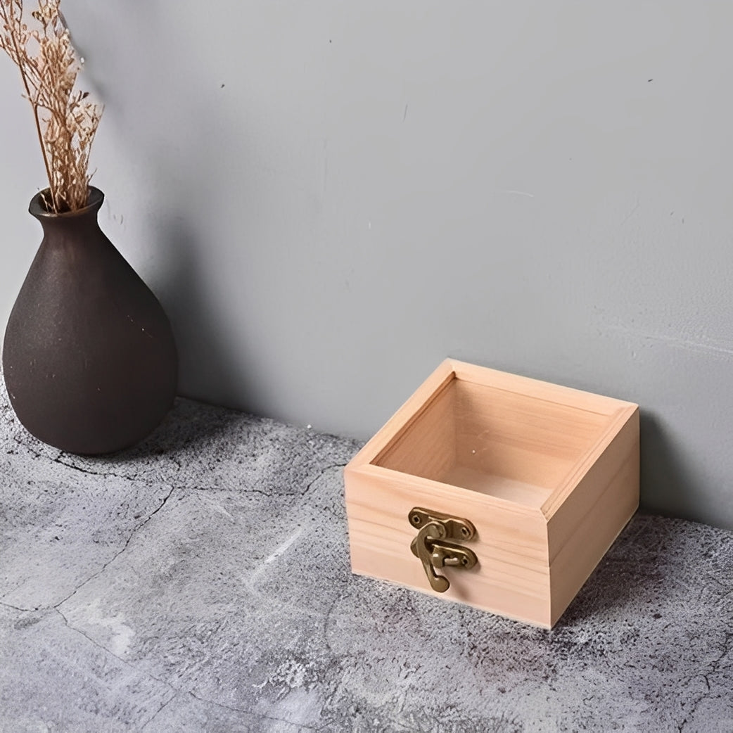 [Hometech] Square Wooden Storage Box with Hinged Lid for Jewelry and Desktop Items