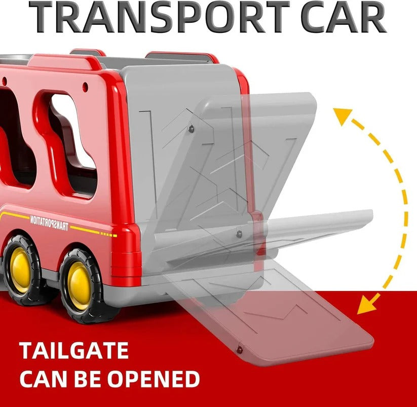 [Hometech] Fire Truck Transport Toy Set with Lights and 4 Friction Vehicles and Helicopter