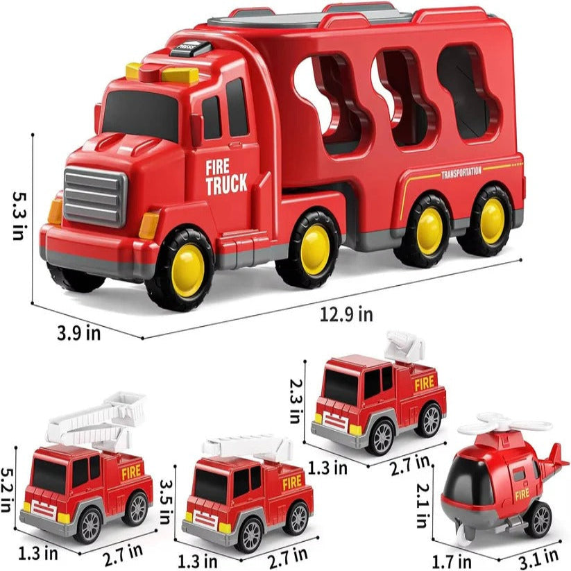 [Hometech] Fire Truck Transport Toy Set with Lights and 4 Friction Vehicles and Helicopter