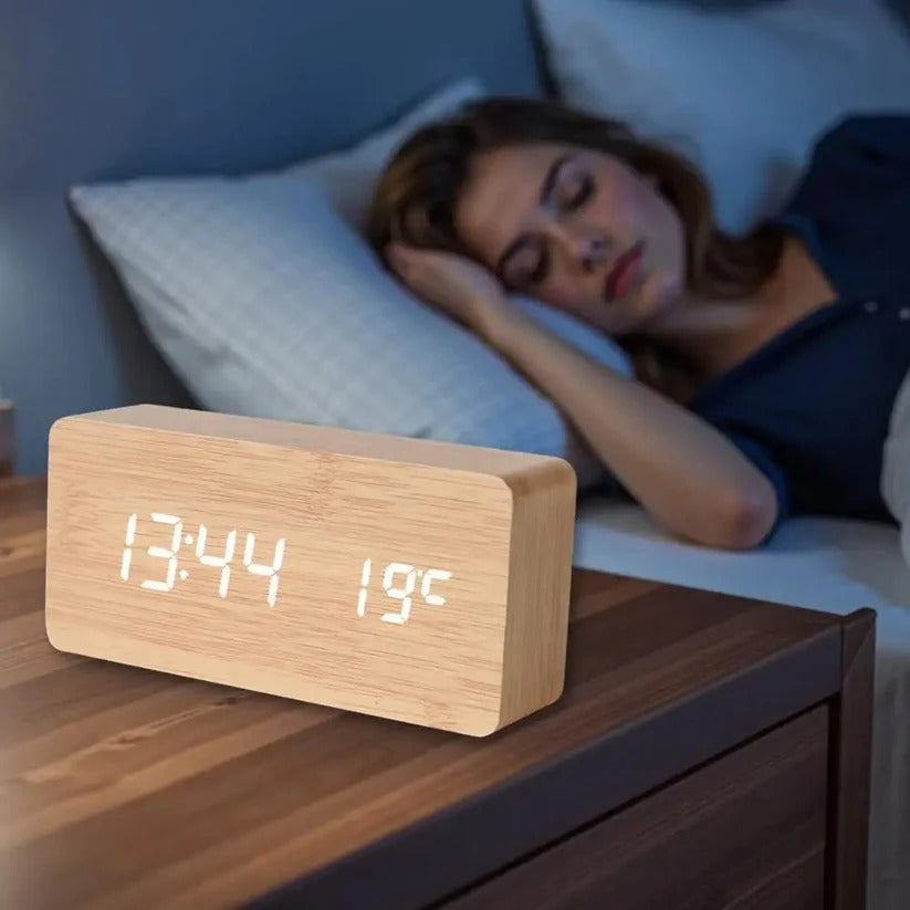 [Hometech] Digital Wood Grain Alarm Clock with 3 Alarms and Adjustable Brightness