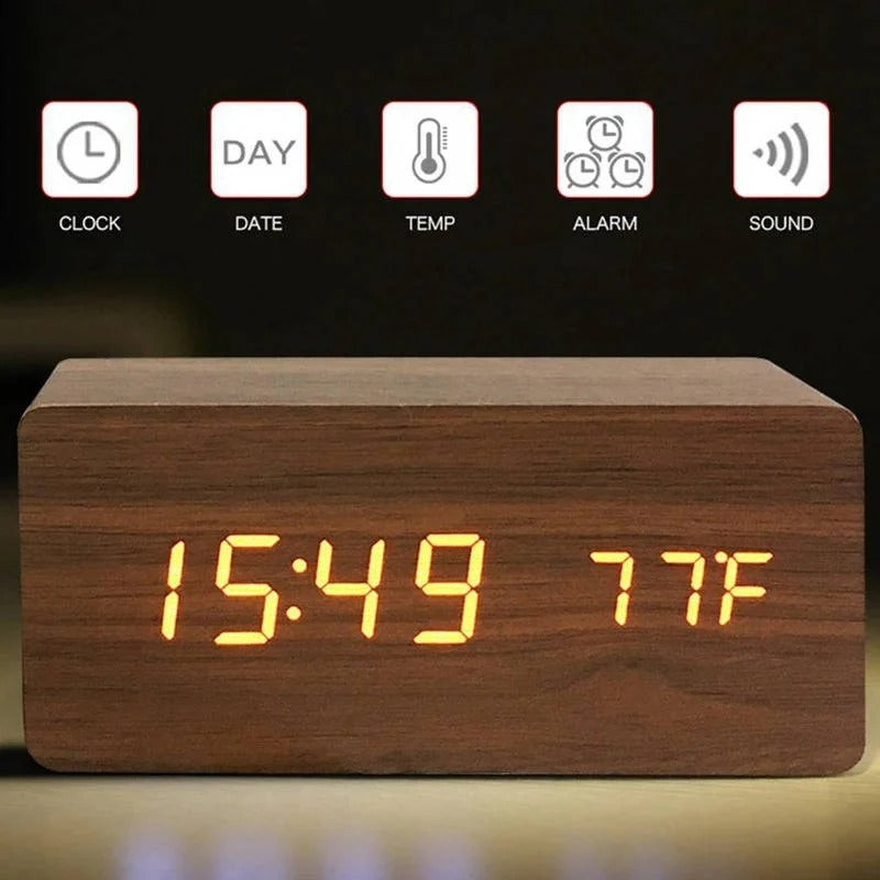 [Hometech] Digital Wood Grain Alarm Clock with 3 Alarms and Adjustable Brightness