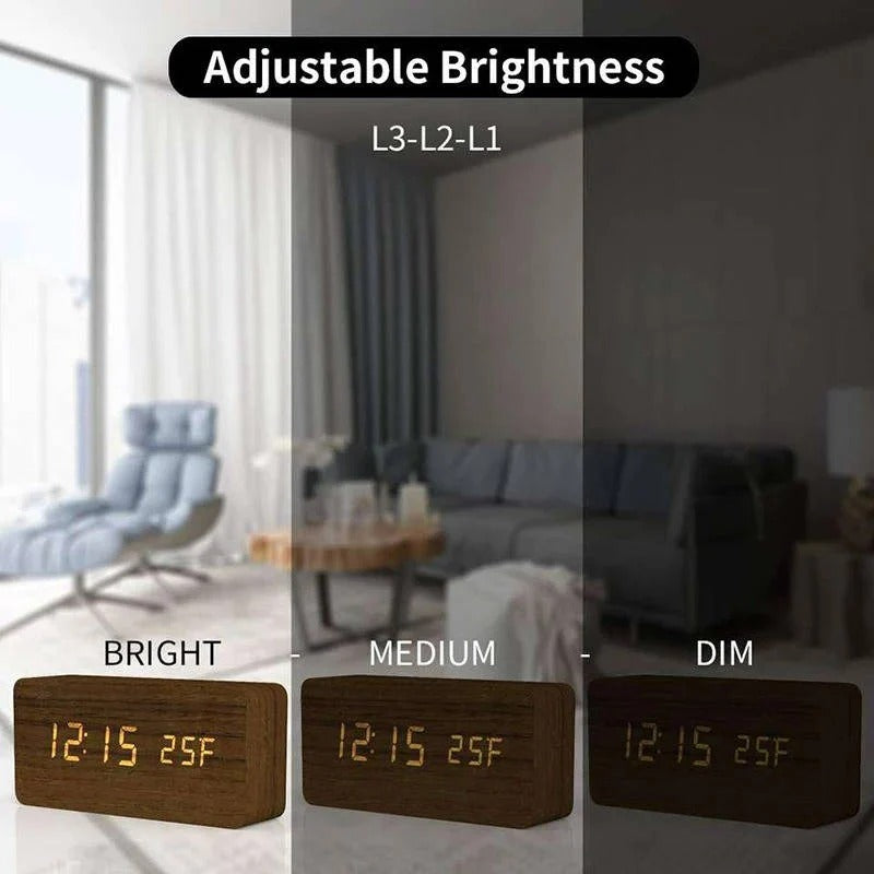 [Hometech] Digital Wood Grain Alarm Clock with 3 Alarms and Adjustable Brightness