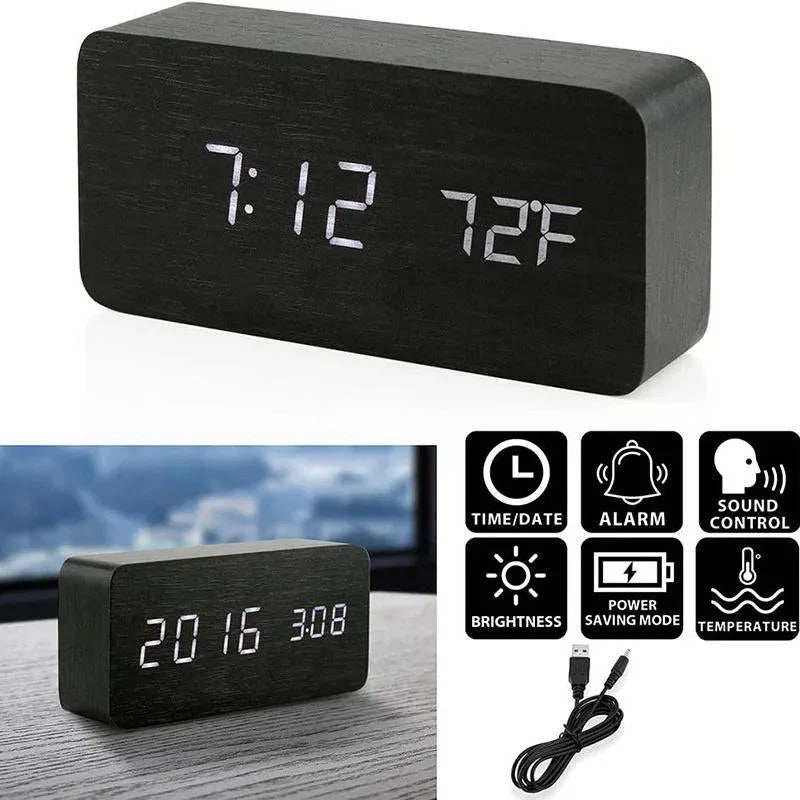 [Hometech] Digital Wood Grain Alarm Clock with 3 Alarms and Adjustable Brightness