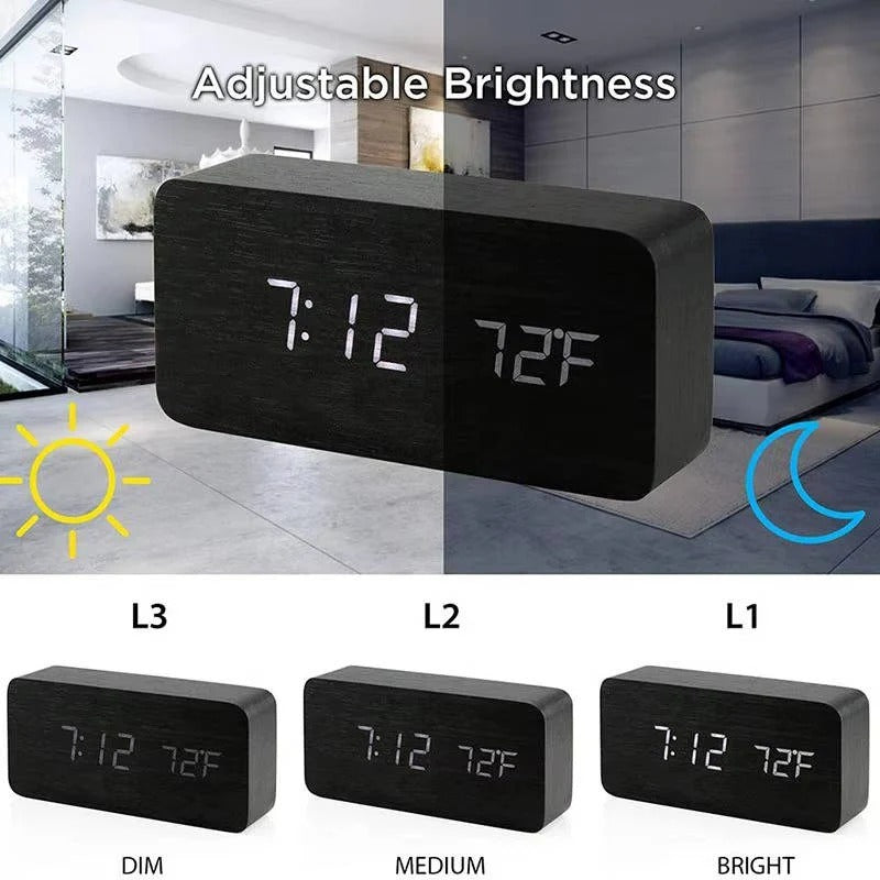 [Hometech] Digital Wood Grain Alarm Clock with 3 Alarms and Adjustable Brightness