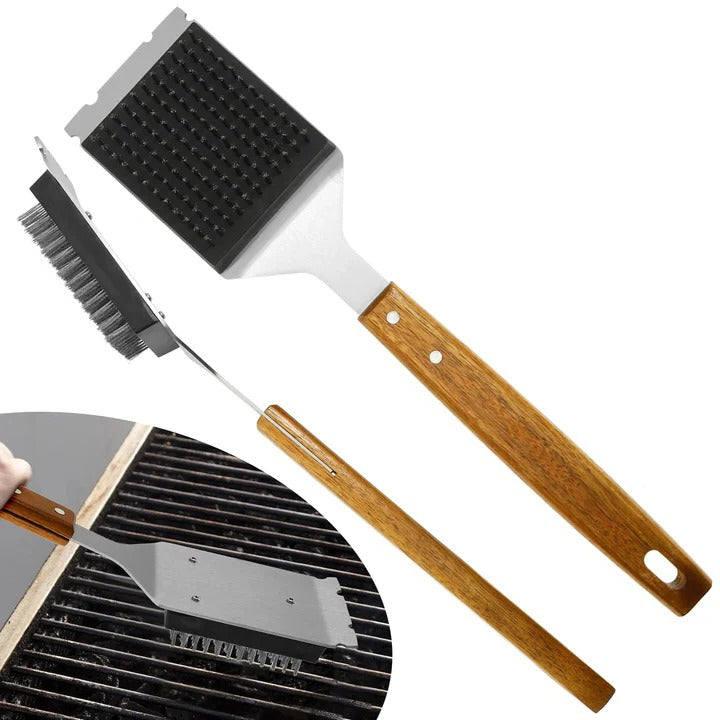 [Hometech] 2-Piece Grill Cleaning Brush, Wooden Handle and Metal Scraper Head