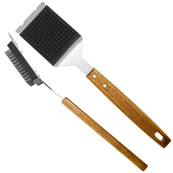 [Hometech] 2-Piece Grill Cleaning Brush, Wooden Handle and Metal Scraper Head