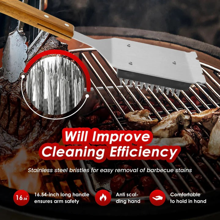 [Hometech] 2-Piece Grill Cleaning Brush, Wooden Handle and Metal Scraper Head