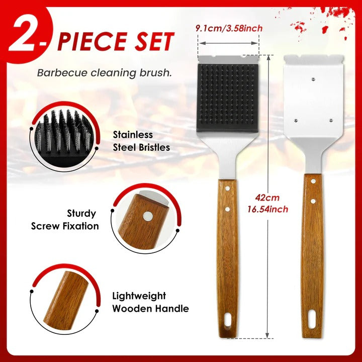 [Hometech] 2-Piece Grill Cleaning Brush, Wooden Handle and Metal Scraper Head