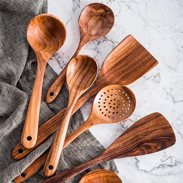 [Hometech] Solid Teak Wood Cooking Tools Utensil, 8 Piece Set