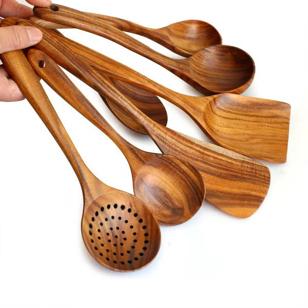 [Hometech] Solid Teak Wood Cooking Tools Utensil, 8 Piece Set