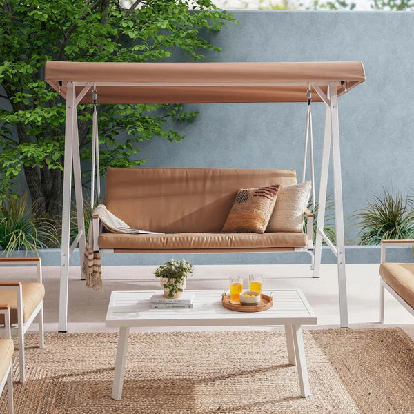 [Hometech] Averra 3-Seater Brown Outdoor Swing Chair, Steel Frame with Cushions and Canopy
