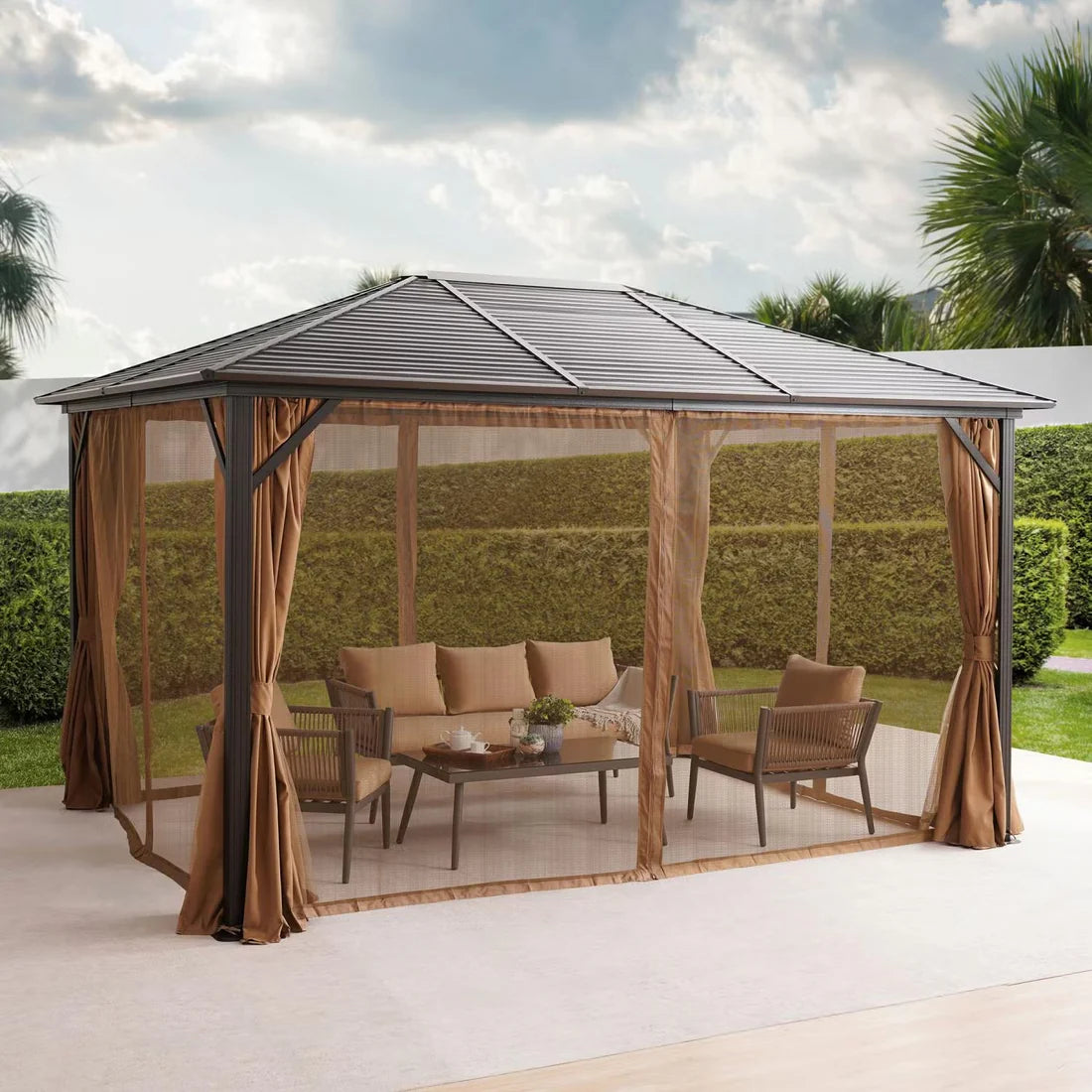 [Hometech] Seranta Brown Outdoor Gazebo with Netting & Aluminium Frame